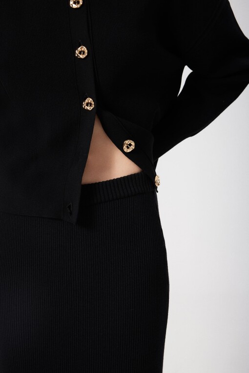 Black Ribbed Slit Midi Knit Skirt - Triko Mısırlı