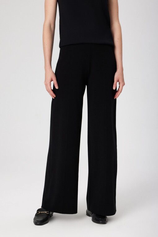 Black Ribbed Stitch Wide Leg Women's Pants 