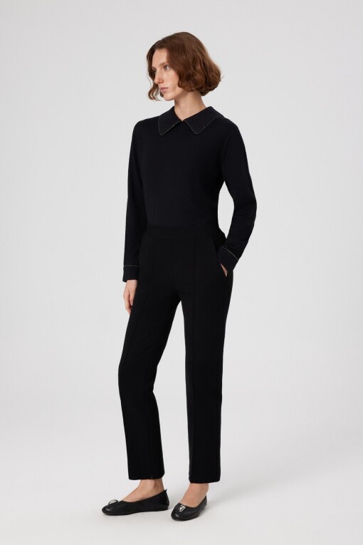 Black Ribbed Stitch Women's Pants - Triko Mısırlı