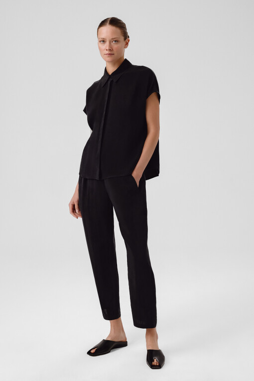 Black Shirt Collar Short Sleeve Blouse - Triko Mısırlı