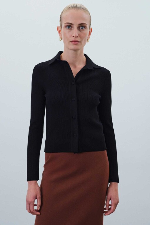 Black Shirt Collar Slim Fit Knit Women's Cardigan - Triko Mısırlı