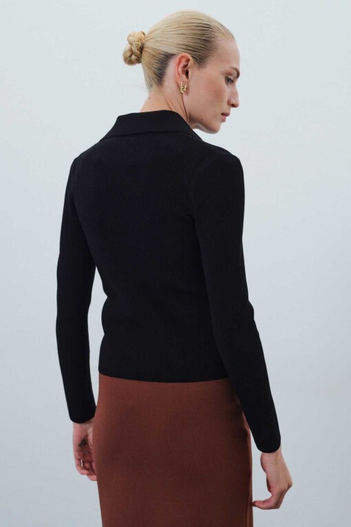 Black Shirt Collar Slim Fit Knit Women's Cardigan - Triko Mısırlı