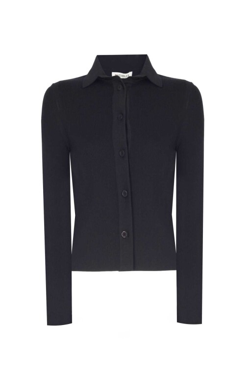 Black Shirt Collar Slim Fit Knit Women's Cardigan - Triko Mısırlı