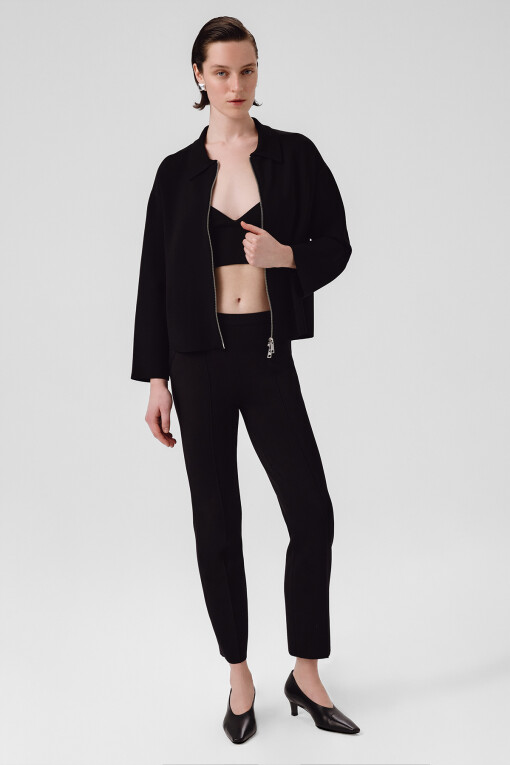 Black Shirt Collar Zippered Women's Jacket - Triko Mısırlı