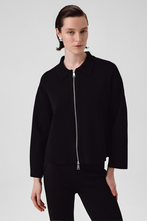 Black Shirt Collar Zippered Women's Jacket - Triko Mısırlı