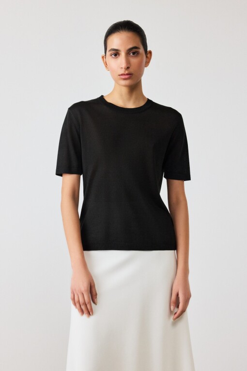 Black Short Sleeve Knit Women's T-Shirt - Triko Mısırlı
