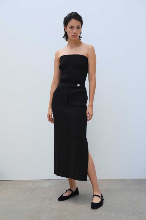 Black Slit Detail Long Knit Skirt - Triko Mısırlı