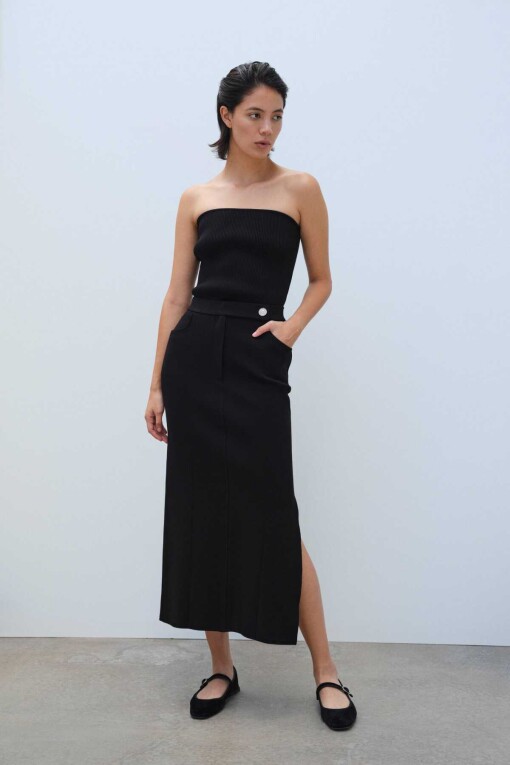 Black Slit Detail Long Knit Skirt - Triko Mısırlı