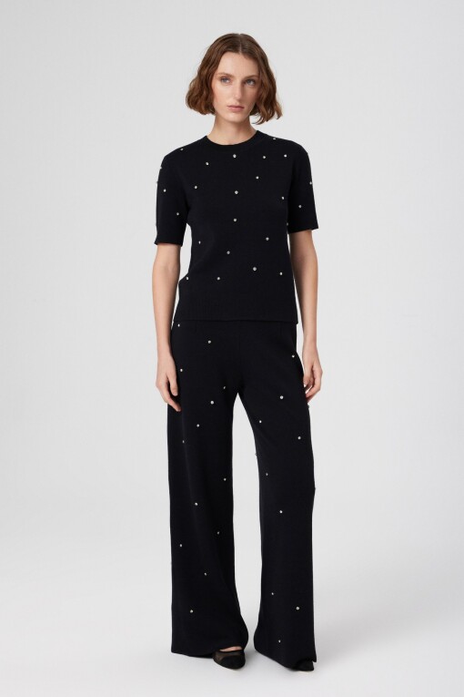 Black Stone Embellished Short Sleeve Women's Sweater - Triko Mısırlı