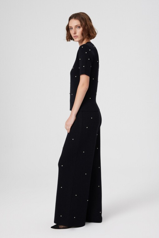 Black Stone Embellished Short Sleeve Women's Sweater - Triko Mısırlı