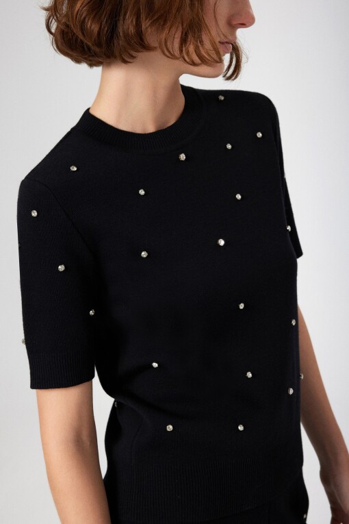 Black Stone Embellished Short Sleeve Women's Sweater - Triko Mısırlı