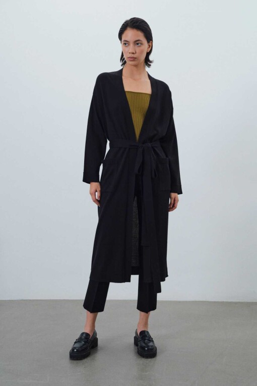 Black Tie Waist Long Women's Cardigan 