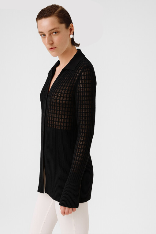 Black Transparent Ribbed Cardigan for Women - Triko Mısırlı