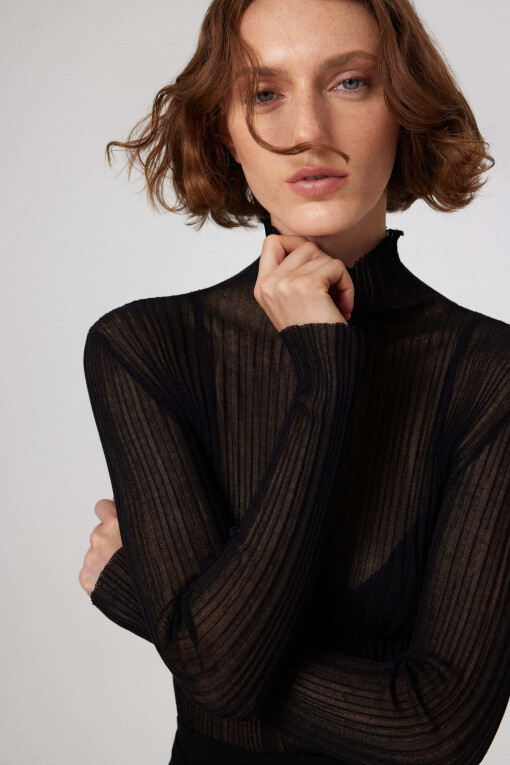 Black Transparent Turtle Neck Blouse - Triko Mısırlı
