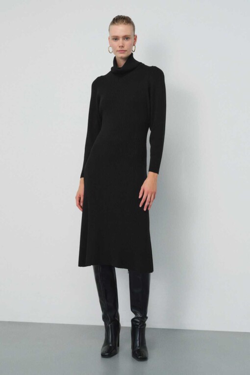 Black Turtle Neck Long Dress - Triko Mısırlı