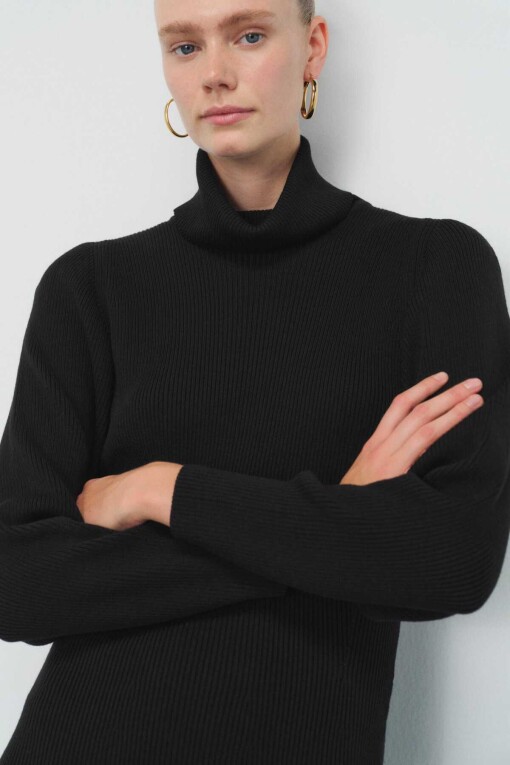 Black Turtle Neck Long Dress - Triko Mısırlı