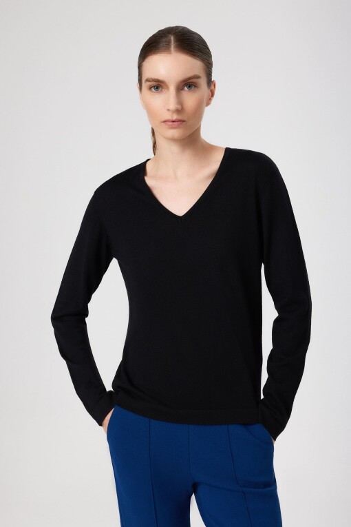 Black V-Neck Long Sleeve Women's Sweater - Triko Mısırlı