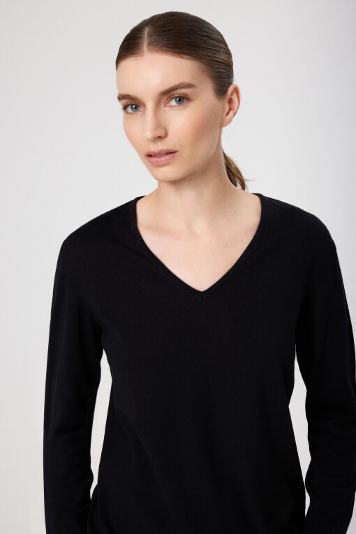 Black V-Neck Long Sleeve Women's Sweater - Triko Mısırlı