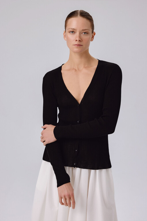Black V-Neck Ribbed Thin Women's Cardigan - Triko Mısırlı