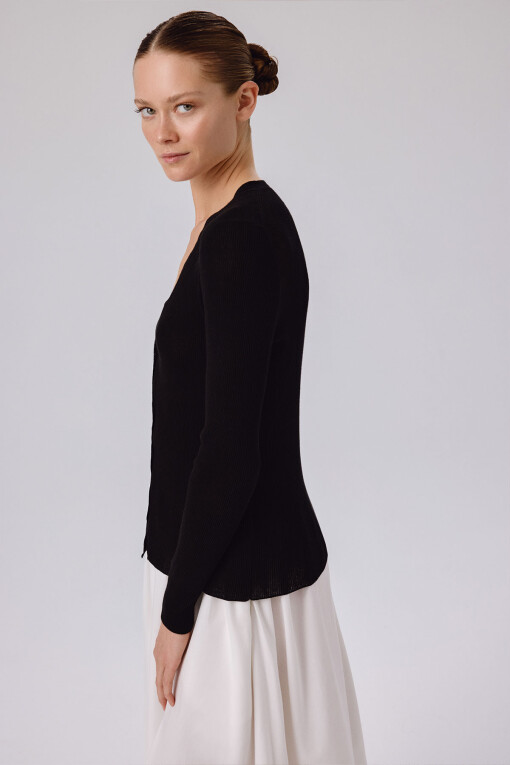 Black V-Neck Ribbed Thin Women's Cardigan - Triko Mısırlı