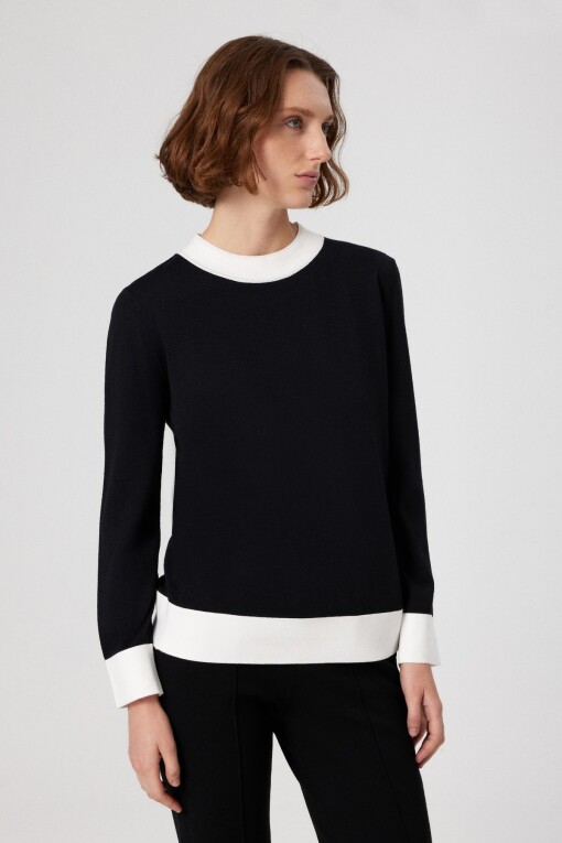 Black White Cuff Long Sleeve Women's Sweater - Triko Mısırlı
