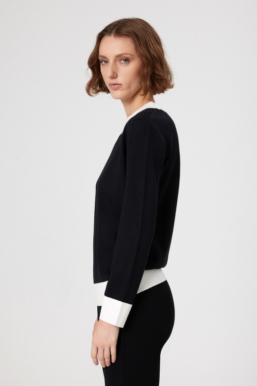 Black White Cuff Long Sleeve Women's Sweater - Triko Mısırlı