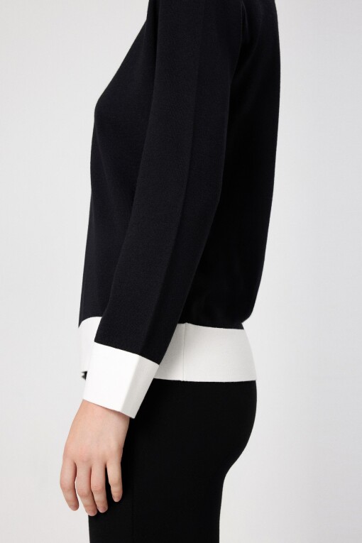 Black White Cuff Long Sleeve Women's Sweater - Triko Mısırlı