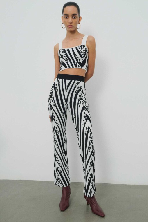 Black White Patterned Women's Pants - Triko Mısırlı