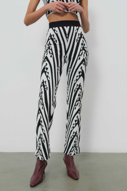 Black White Patterned Women's Pants - Triko Mısırlı
