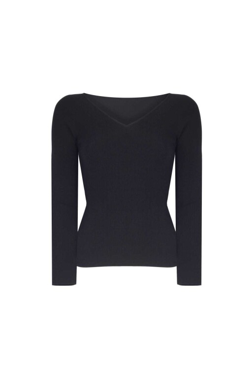 Black Wide V-Neck Knit Women's Sweater - Triko Mısırlı