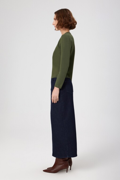 Blue Front Slit Long Denim Skirt - Triko Mısırlı