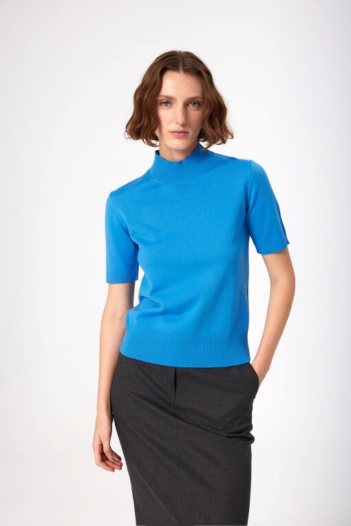 Blue Half Turtle Neck Women's Sweater - Triko Mısırlı