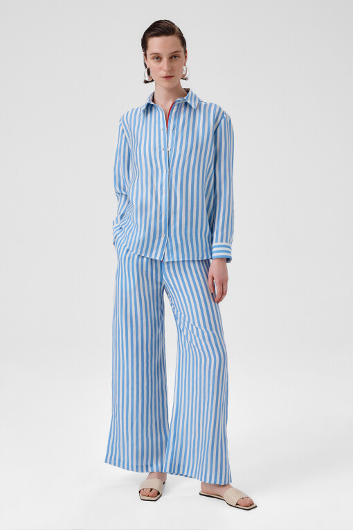 Blue White Striped Long Sleeve Women's Shirt - Triko Mısırlı