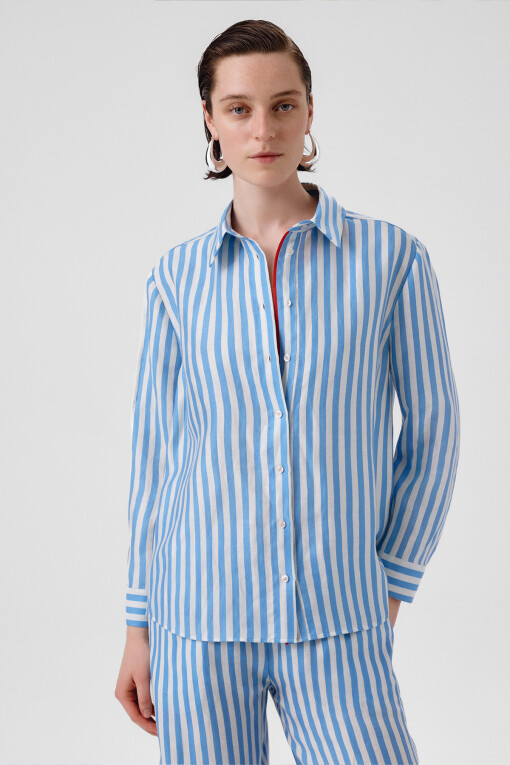Blue White Striped Long Sleeve Women's Shirt - Triko Mısırlı