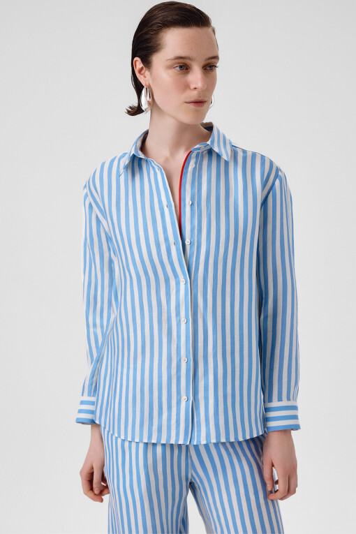 Blue White Striped Long Sleeve Women's Shirt - Triko Mısırlı