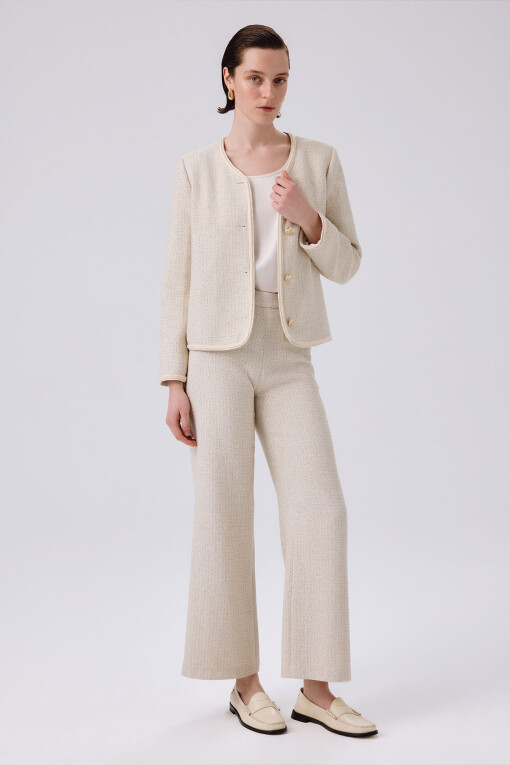 Bone Gold Button Detail Tweed Pants - Triko Mısırlı