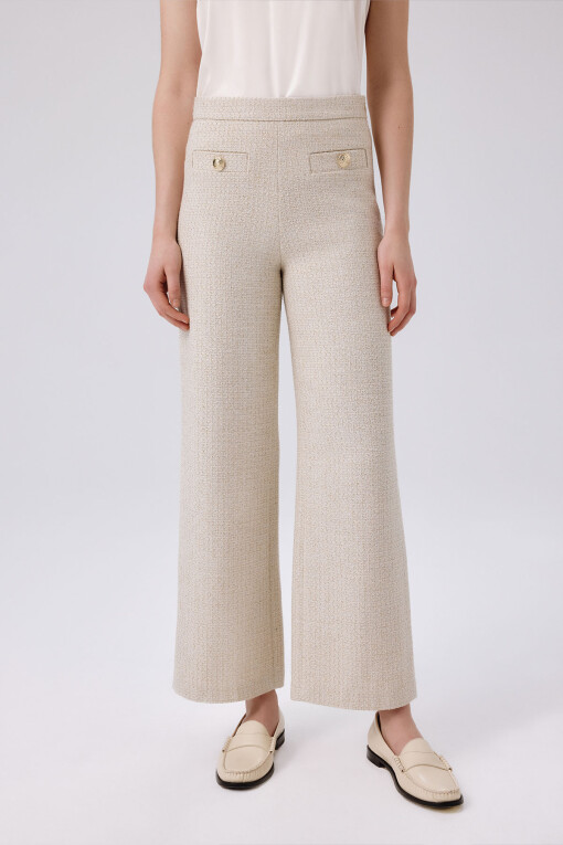 Bone Gold Button Detail Tweed Pants - Triko Mısırlı