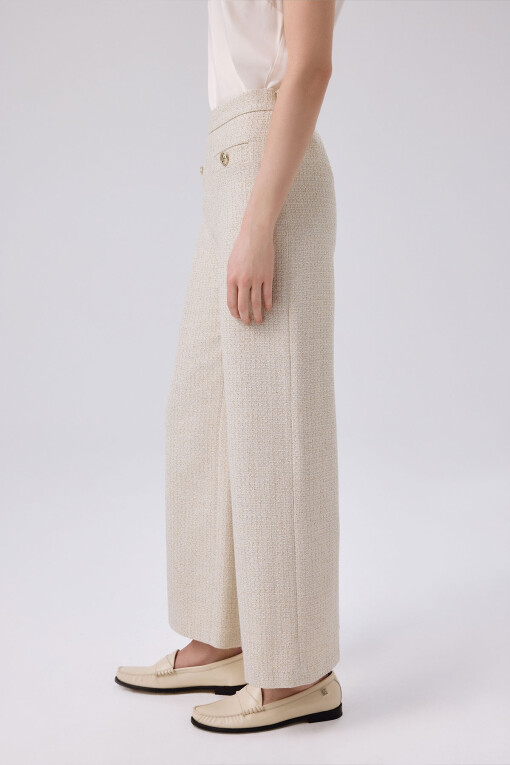 Bone Gold Button Detail Tweed Pants - Triko Mısırlı
