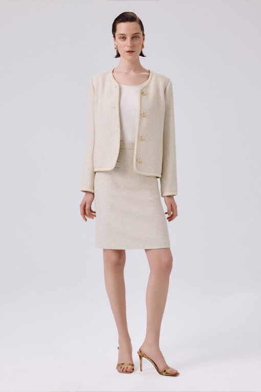 Bone Gold Button Tweed Women's Jacket - Triko Mısırlı