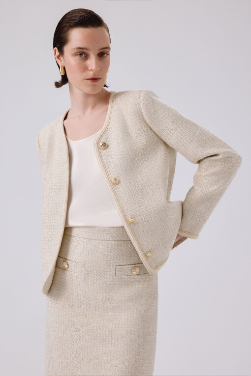 Bone Gold Button Tweed Women's Jacket - Triko Mısırlı