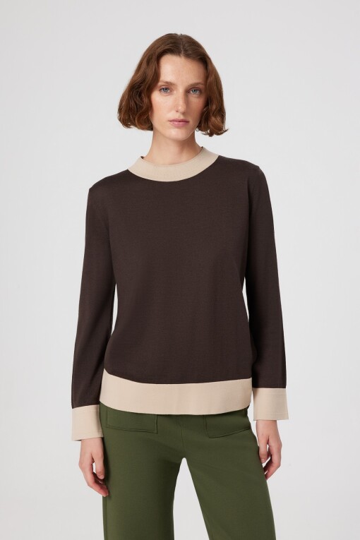 Brown Beige Cuff Long Sleeve Women's Sweater - Triko Mısırlı