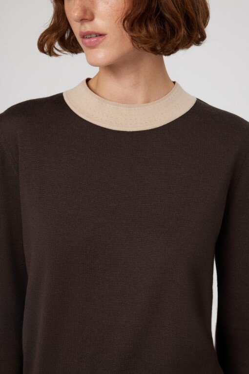 Brown Beige Cuff Long Sleeve Women's Sweater - Triko Mısırlı