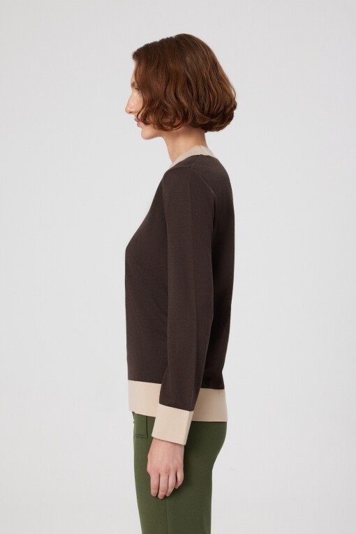 Brown Beige Cuff Long Sleeve Women's Sweater - Triko Mısırlı