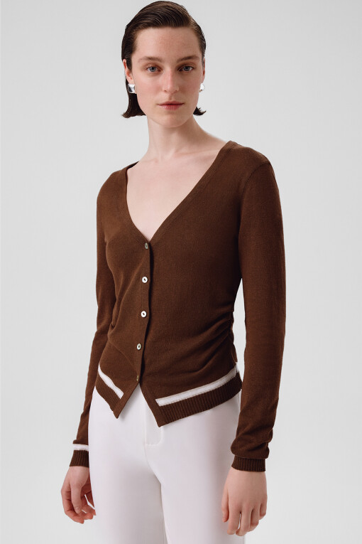 Brown Shirred Waist Women's Cardigan - Triko Mısırlı