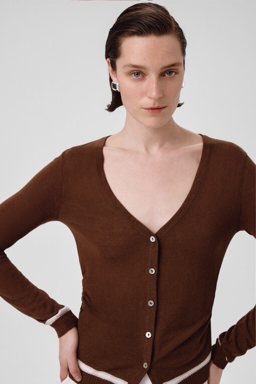 Brown Shirred Waist Women's Cardigan - Triko Mısırlı