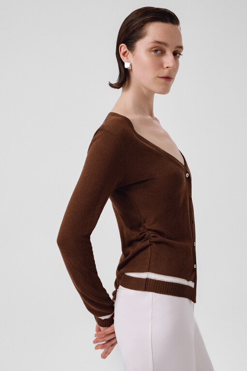 Brown Shirred Waist Women's Cardigan - Triko Mısırlı