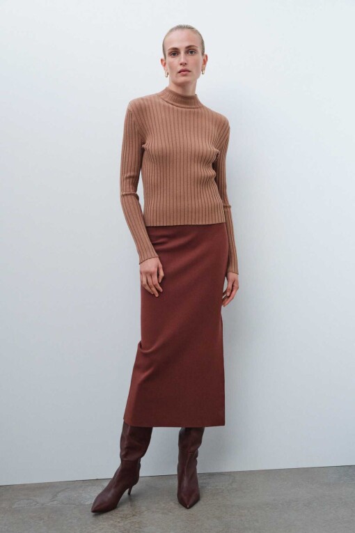 Brown Slit Detail Midi Skirt - Triko Mısırlı