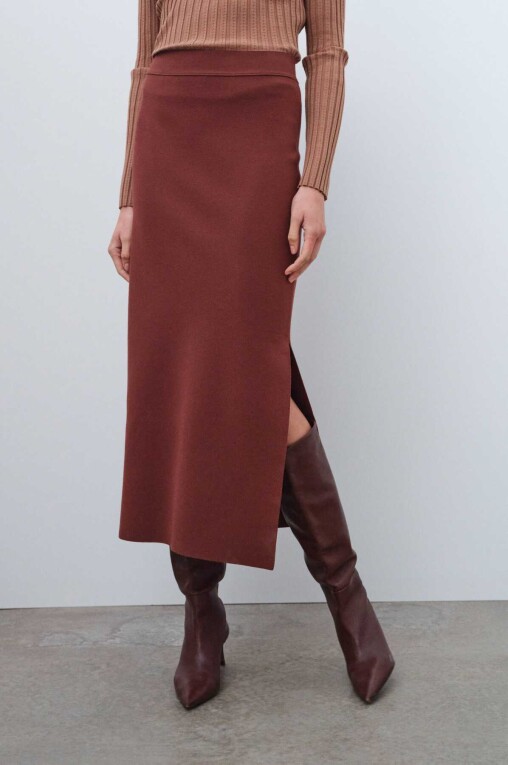 Brown Slit Detail Midi Skirt - Triko Mısırlı