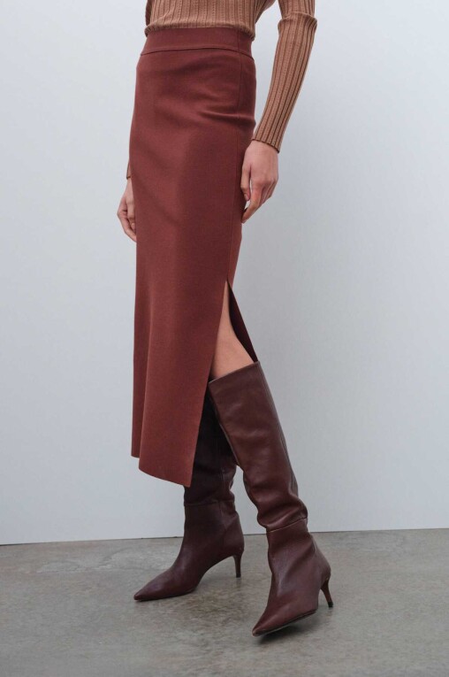 Brown Slit Detail Midi Skirt - Triko Mısırlı