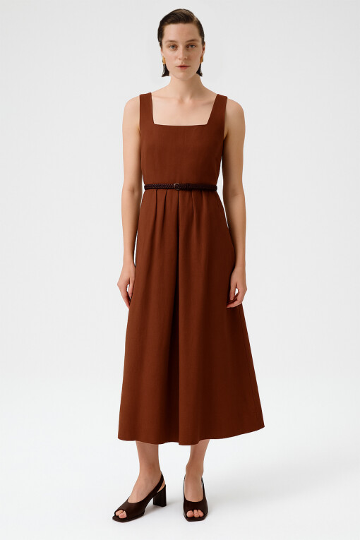 Brown Square Neck Belt Detail Long Dress - Triko Mısırlı
